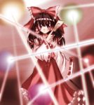  1girl beam bow brown_hair cowboy_shot danmaku detached_sleeves dress expressionless female hair_bow hair_tubes hakurei_reimu holding light_rays long_sleeves loo magic ofuda red_bow red_dress red_eyes ribbon-trimmed_sleeves ribbon_trim serious sidelocks solo standing tokiniwa touhou 