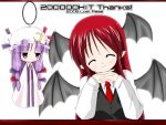  2girls ^_^ bat_wings blush closed_eyes collared_shirt demon_girl expressionless female frills hat head_tilt head_wings jitome koakuma long_sleeves looking_at_viewer mob_cap multiple_girls patchouli_knowledge robe shirt simple_background succubus the_embodiment_of_scarlet_devil touhou vest white_background wings 