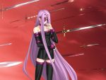  1girl bare_shoulders blindfold choker detached_sleeves dress fate/stay_night fate_(series) gate_of_babylon jpeg_artifacts long_hair parody photoshop purple_hair rider role_reversal solo strapless strapless_dress sword thigh-highs very_long_hair weapon zettai_ryouiki 