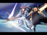  2girls arm_belt bardiche battle blonde_hair bow burnt_clothes cape electricity energy_sword fate_testarossa fingerless_gloves flying gloves hayakawa_harui letterboxed lyrical_nanoha magazine_(weapon) magical_girl mahou_shoujo_lyrical_nanoha mahou_shoujo_lyrical_nanoha_a&#039;s multiple_girls one_eye_closed raising_heart red_bow redhead shoes sword takamachi_nanoha thigh-highs torn_clothes twintails weapon wince winged_shoes wings 