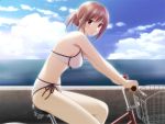  1girl bangs bicycle bikini blue_sky blush breasts brown_hair clouds concrete duplicate folded_ponytail from_side game_cg ground_vehicle horizon kiyose_rie light_smile looking_at_viewer looking_to_the_side medium_breasts nami_no_manimani ocean outdoors peko riding short_hair side-tie_bikini sky solo swimsuit wall water white_bikini white_swimsuit 