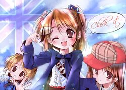  00s 1girl blush brown_eyes brown_hair cardigan english fang hat looking_at_viewer magnifying_glass one_eye_closed school_uniform sho_(runatic_moon) sister_princess smile two_side_up yotsuba_(sister_princess) 