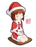  1girl bob_cut breasts brown_hair capelet clouds cup frills full_body full_moon fur_trim hagiwara_yukiho idolmaster moon nekopuchi pillow pom_poms santa_costume seiza simple_background sitting small_breasts solo teacup white_background 