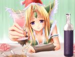  1girl alcohol blonde_hair blue_eyes blush breasts christmas flower gizensha hat liese pov riesz santa_hat seiken_densetsu seiken_densetsu_3 solo wine 