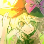  1girl bangs black_hat blonde_hair bow closed_mouth eyebrows eyebrows_visible_through_hair female hair_between_eyes hand_on_headwear hat hat_bow kirisame_marisa long_hair lowres purple_bow sketch smile solo tagme touhou upper_body wavy_hair witch_hat 