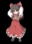  1girl arms_up black_background bow detached_sleeves dress female fukaiton full_body hair_bow hakurei_reimu loafers long_hair long_sleeves looking_at_viewer pixel_art ponytail red_bow red_dress ribbon-trimmed_sleeves ribbon_trim shoes sidelocks simple_background solo touhou 
