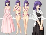  1girl :o alternate_costume alternate_hairstyle archery arm_behind_back bangs bare_shoulders barefoot bikini blush bow breast_squeeze breasts character_name cleavage clenched_hands dress earrings elbow_gloves fate/hollow_ataraxia fate/stay_night fate_(series) feet formal frown full_body game_cg gloves gown grey_background hair_bow hair_ribbon hakama half_updo hands_clasped hands_together japanese_clothes jewelry legs light_smile long_hair long_legs matou_sakura muneate navel necklace open_mouth pearl pearl_necklace pendant pink_dress pink_gloves pleated_dress purple_hair ribbon shoes side-tie_bikini simple_background smile standing sweatdrop swimsuit takeuchi_takashi thigh_gap two_side_up violet_eyes wallpaper white_bikini white_swimsuit wide_sleeves 