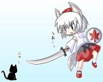  1girl cat chibi female hat inubashiri_momiji lowres pom_pom_(clothes) r_pascal shield solo sword tokin_hat touhou weapon 