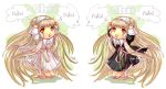  00s 2girls arms_up black_dress brown_legwear chibi chii chobits dress freya full_body kneeling long_hair long_sleeves looking_up multiple_girls simple_background thigh-highs very_long_hair white_background white_dress zettai_ryouiki 