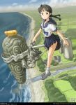  00s 1girl 2006 alien artist_name awatake_takahiro bangs beach black_hair braid dated flying landscape legs looking_at_viewer original outdoors river school_uniform serafuku short_hair sky solo tagme twin_braids web_address 