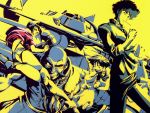  2boys 2girls 90s beard cowboy_bebop dog edward_wong_hau_pepelu_tivrusky_iv ein_(cowboy_bebop) facial_hair faye_valentine highres jet_black multiple_boys multiple_girls spike_spiegel 