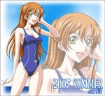  1girl brown_hair code_geass green_eyes hanzou long_hair lowres one-piece_swimsuit open_mouth shirley_fenette single_vertical_stripe solo swimsuit zoom_layer 