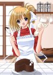  apron baking blonde_hair bow bowtie cake food food_on_face hair_ribbon head_tilt heart icing lovely_idol nishimata_aoi pastry ponytail ribbon sleeves_rolled_up sweater 
