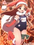  1girl boots brown_hair christmas gloves hat io_takuya long_hair name_tag one-piece_swimsuit original red_eyes red_gloves sack santa_costume santa_hat school_swimsuit solo swimsuit 