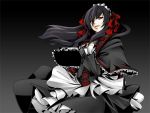  1girl april april_(coyote_ragtime_show) bk black_background black_hair coyote_ragtime_show dress frills gothic gradient gradient_background grey_background hair_ribbon hands_on_own_chest long_hair mudo_(saji) red_eyes ribbon simple_background smirk solo standing 