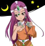  card chunsoft circlet dark_skin dragon_quest dragon_quest_iv dress earrings enix holding holding_card ixy jewelry long_hair minea moon purple_hair star violet_eyes 