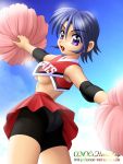  1girl bike_shorts blue_hair breasts cheerleader eyeshield_21 medium_breasts onoe pom_poms solo taki_suzuna under_boob violet_eyes 