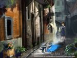  1girl alphonse_(white_datura) backpack bad_id bag flower house original perspective plant puddle randoseru reflection road school_uniform solo street umbrella 