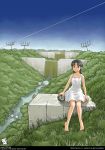  00s 1girl 2005 artist_name awatake_takahiro bangs barefoot black_hair dam dated dress feet grass landscape low_twintails outdoors river scenery sitting sky solo toes twintails web_address 