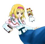  1girl alice_margatroid bangs blonde_hair blue_skirt book capelet female hairband long_sleeves orange_eyes shanghai_doll shirt short_hair simple_background skirt solo tank_(artist) touhou white_background white_shirt 