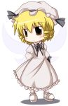  1girl bangs blonde_hair blush chibi dress drill_hair eastern_and_little_nature_deity eyebrows eyebrows_visible_through_hair fairy_wings female frilled_dress frills full_body hair_between_eyes hat hat_ribbon looking_at_viewer luna_child mob_cap r_pascal ribbon shoes simple_background solo standing touhou white_background white_dress white_legwear white_shoes wings 