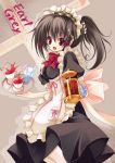  1girl :o apron black_dress black_hair blush bow bowtie cup dress frills kannon_ouji liquid maid maid_apron maid_headdress open_mouth original ponytail puffy_short_sleeves puffy_sleeves red_bow red_bowtie red_eyes short_hair short_sleeves solo standing tea tray 