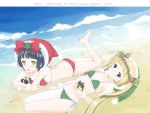  2girls beach bikini black_hair blonde_hair christmas green_eyes highres kazuto_izumi multiple_girls original santa_costume swimsuit yellow_eyes 