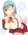  1girl alternate_costume aqua_hair blush breasts christmas_tree_hair_ornament cleavage detached_collar detached_sleeves dress eyebrows eyebrows_visible_through_hair green_eyes jiiwara kantai_collection large_breasts leaning_forward long_hair long_sleeves looking_at_viewer neckerchief one_eye_closed red_dress sack santa_costume simple_background sleeves_past_wrists smile snowflake_liliput solo suzuya_(kantai_collection) white_background 