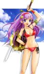  armpits asamiya_athena athena_(series) bikini bracelet clouds hairband jewelry katahira_masashi king_of_fighters princess_athena shield side-tie_bikini sky snk swimsuit sword weapon 