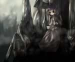  1girl bangs bat_wings brown_eyes cusui dark dress expressionless female lonely looking_at_viewer muted_color outdoors overgrown pink_dress purple_hair railing remilia_scarlet short_hair short_sleeves solo stairs touhou vines wings 