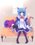  1girl animal_ears blue_hair blue_legwear cat cat_ears maid mitha original pantyhose solo 