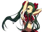  1girl armpits arms_up christmas fang green_hair long_hair ribbon santa_costume simple_background solo suzumiya_haruhi_no_yuuutsu tsuruya very_long_hair wink yuutarou 