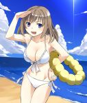  1girl :d arm_up armpits b.k. bangs beach bikini blue_eyes blush bow breasts brown_hair cleavage clouds frilled_bikini frills front-tie_top hand_on_hip hips ichikura_(bk) innertube large_breasts long_hair looking_at_viewer navel ocean open_mouth original outdoors shading_eyes side-tie_bikini sky smile solo standing swimsuit thigh_gap thighs transparent water white_bikini white_swimsuit 