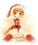  1girl blush christmas fur_trim hat knees_up looking_at_viewer noripachi orange_hair original pom_pom_(clothes) red_eyes santa_costume santa_hat short_hair sitting solo 