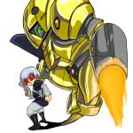  1boy armor blue_dragon bodysuit fighting_stance fire flame goggles gundam harry_ord jojo_no_kimyou_na_bouken looking_at_viewer machinery male_focus mecha parody pose shadow simple_background stand_(jojo) standing sumo sumo_(mobile_suit) turn_a_gundam white_background 
