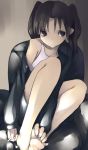  1girl amasawa_yuuko barefoot black_hair brown_eyes dennou_coil feet hands_on_feet legs looking_away mikage_sekizai sitting soles solo spread_toes toes twintails 