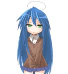  1girl ahoge blue_hair blush expressionless green_eyes izumi_konata long_hair looking_at_viewer lucky_star miniskirt own_hands_together pleated_skirt simple_background skirt sleeves_past_wrists solo sweater very_long_hair white_background 
