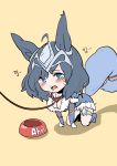  1girl absurdres ahoge ahri all_fours animal_ears blush bowl breasts chibi cleavage collar dmdkrxmrrmq facial_mark female flat_color full_body fur_trim highres league_of_legends open_mouth pet_play simple_background solo tail tears 