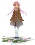  1girl 2no coat green_eyes lily_pad lotus ninomoto pantyhose pink_hair pointy_ears solo 