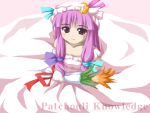  1girl bangs blunt_bangs bouquet bow breasts cleavage collarbone crescent crescent_hair_ornament dress female flower fukaiton hair_bow hair_ornament holding long_hair looking_at_viewer patchouli_knowledge purple_hair sidelocks small_breasts solo touhou very_long_hair violet_eyes wedding_dress white_dress 