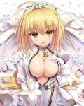  1girl ahoge bending_forward blonde_hair bodysuit breasts bridal_veil cafeore cleavage fate/extra fate/extra_ccc fate_(series) gloves hair_between_eyes hair_ornament hand_on_own_chest large_breasts lock looking_at_viewer orange_eyes padlock parted_lips saber_bride saber_extra unzipped veil white_gloves zipper 