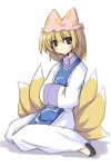  1girl blonde_hair blush dress female fox_tail frills full_body hands_in_sleeves hat highres long_sleeves looking_at_viewer mob_cap multiple_tails pillow_hat shoes sitting solo surcoat tabard tail touhou white_background white_dress wide_sleeves yakumo_ran yokozuwari 