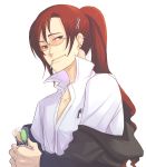  1girl blush brown_hair cigarette collar collarbone glasses hair_ornament hairclip hajimenimodoru jacket long_hair long_sleeves looking_at_viewer mid mouth_hold off_shoulder open_clothes open_jacket ponytail rimless_glasses simple_background smile solo upper_body white_background 