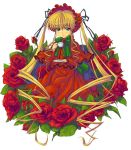  00s 1girl blonde_hair blue_eyes bonnet capelet cup dress flower hair_ribbon holding holding_cup kink lolita_fashion long_hair red_dress red_rose ribbon rose rozen_maiden shinku sidelocks solo teacup twintails very_long_hair 