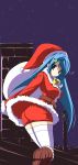  1girl ass blue_hair breasts christmas highres long_hair original outdoors santa_costume shijou_sadafumi sky solo thigh-highs zettai_ryouiki 
