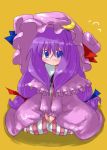  1girl blue_eyes blush capelet crescent dress female frills hat long_hair long_sleeves looking_at_viewer mob_cap patchouli_knowledge purple_dress purple_hair simple_background sitting solo striped tao tao_(kadoya) touhou vertical_stripes yellow_background 
