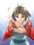  1girl brown_eyes brown_hair food foreshortening haagen-dazs hands ice_cream jacket japanese_clothes kara_no_kyoukai kimono knife obi red_jacket reverse_grip ryougi_shiki sash serious short_hair solo spoon task_owner type-moon 