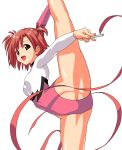  1girl :d brown_eyes flexible gymnastics highleg highleg_leotard leg_up leotard long_sleeves mahou_sensei_negima! open_mouth red_eyes redhead rhythmic_gymnastics ribbon_baton sasaki_makie short_hair smile solo split spread_legs takeda_hiromitsu white_background 