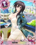 1girl black_hair breasts bridge card_(medium) character_name chess_piece city cleavage cup dress erect_nipples gloves high_school_dxd high_school_dxd_infinity large_breasts long_hair military military_uniform official_art pawn pink_eyes raynare river smile solo standing teacup trading_card uniform white_dress white_gloves 