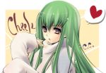  1girl :o beige_background border c.c. character_name cheese code_geass green_hair heart long_hair long_sleeves looking_at_viewer open_mouth simple_background solo speech_bubble spoken_heart sweater turtleneck upper_body very_long_hair yellow_eyes yukian 